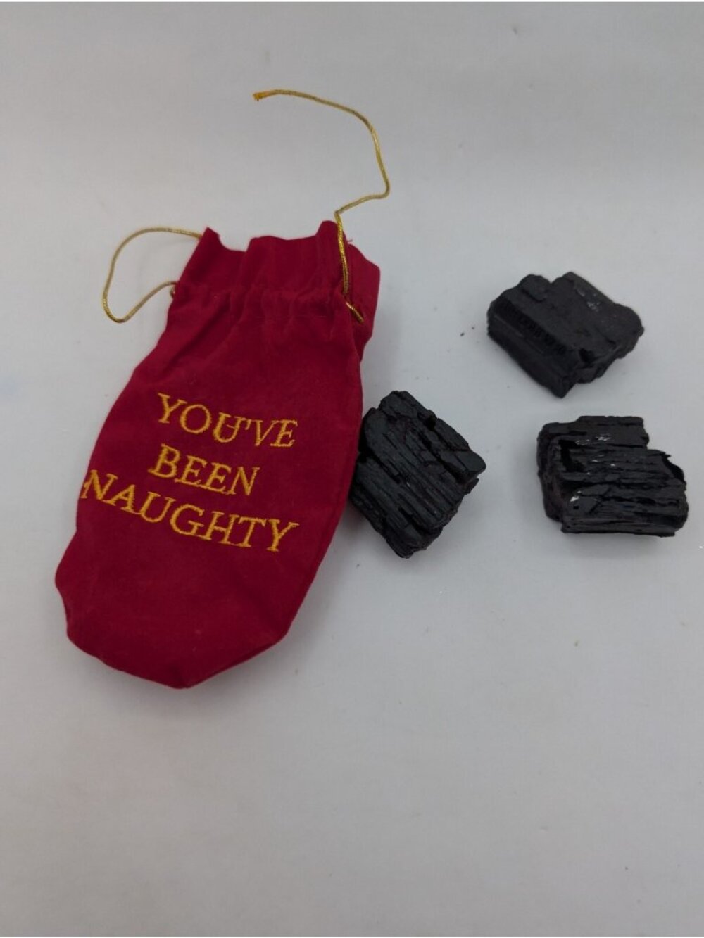 Red Velvet Drawstring Bag Sack Of Coal For Naughty Christmas Ornament 4.6"
